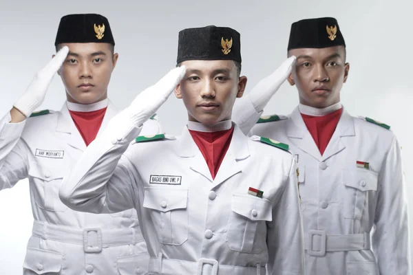 Close Photo Young Man Indonesian National Flag Hoisting Troop National — Stock Photo, Image