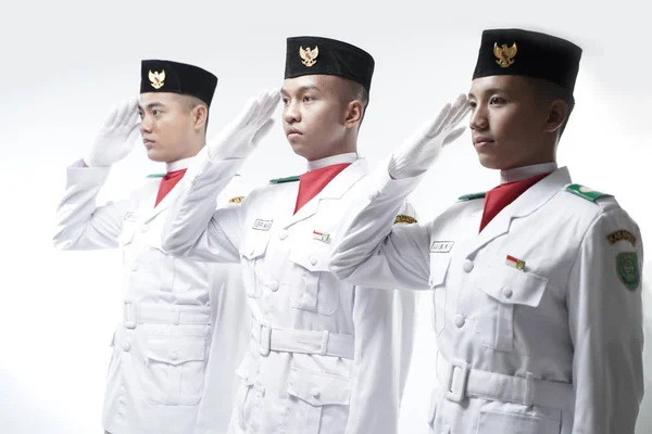 Närbild Foto Ung Man Indonesiska Nationella Flaggan Hoisting Trupp Nationella — Stockfoto