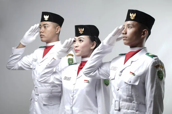 Närbild Foto Indonesiska Nationella Flaggan Hoisting Trupp Nationella Paskibraka Rådet — Stockfoto