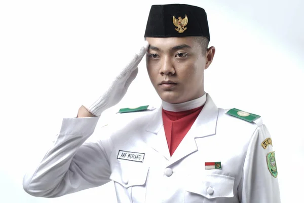 Närbild Foto Ung Man Indonesiska Nationella Flaggan Hoisting Trupp Nationella — Stockfoto