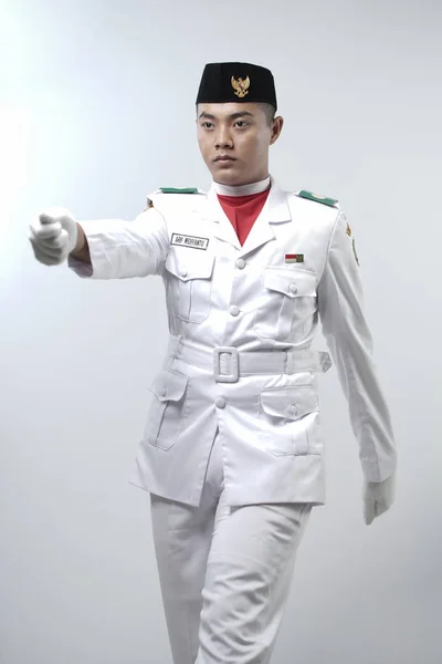 Yakın Fotoğraf Genç Adam Endonezya Ulusal Bayrak Kaldırma Birliği Ulusal — Stok fotoğraf