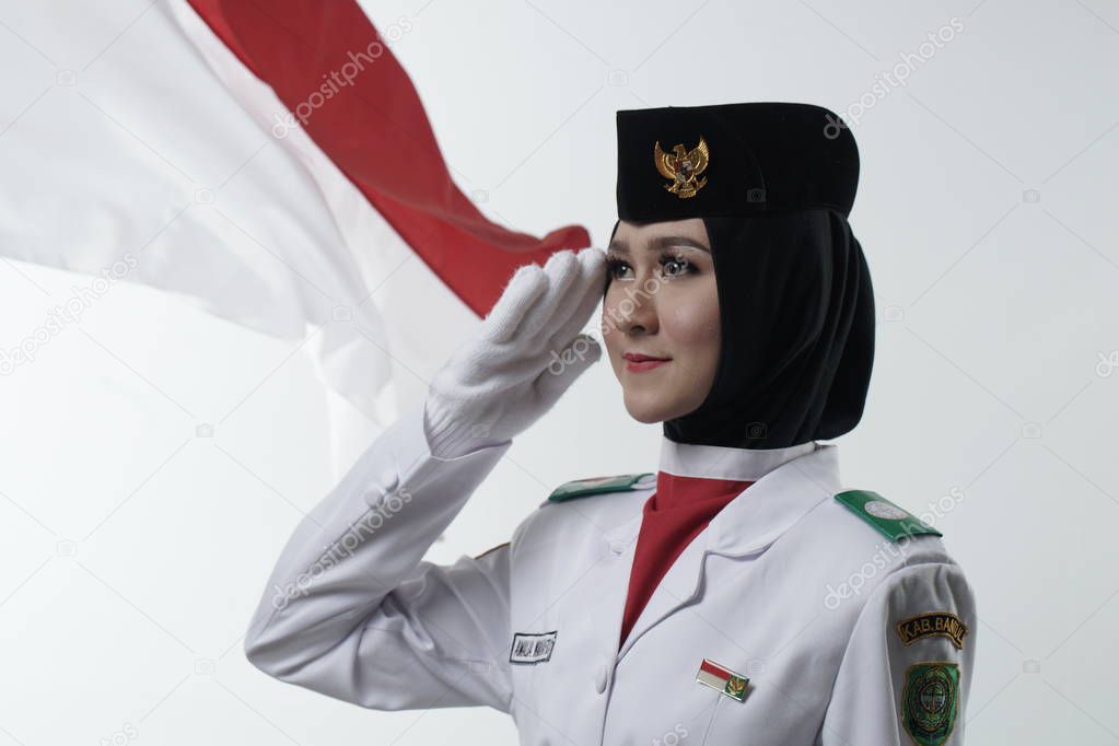 close up young girl Indonesian National Flag Hoisting Troop. National Paskibraka Council.