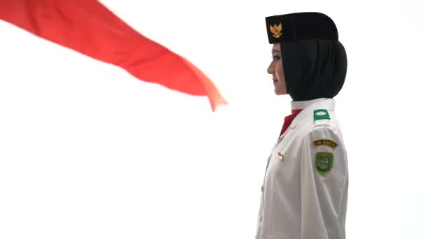 Jovencita Indonesia National Flag Hoisting Troop Consejo Nacional Paskibraka — Vídeo de stock