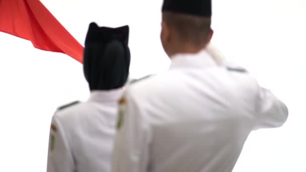 Tropa Izamiento Bandera Nacional Indonesia Saluda Bandera Indonesia Aislada Blanco — Vídeo de stock