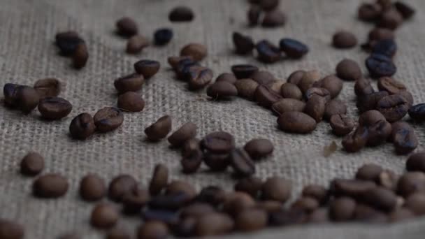 スローモーションコーヒー豆が袋に落ちる — ストック動画