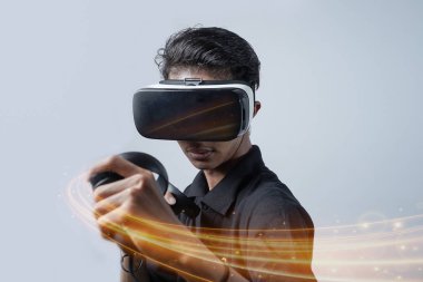 man with glasses of virtual reality. Future technology concept. clipart