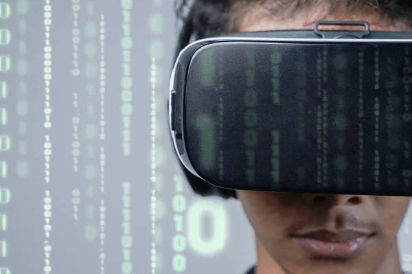 close up man with glasses of virtual reality. Future technology concept.