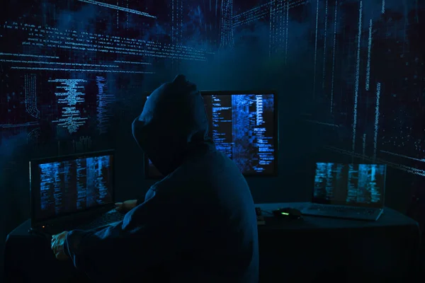 Concepto Crimen Internet Hacker Trabajando Código Sobre Fondo Digital Oscuro —  Fotos de Stock