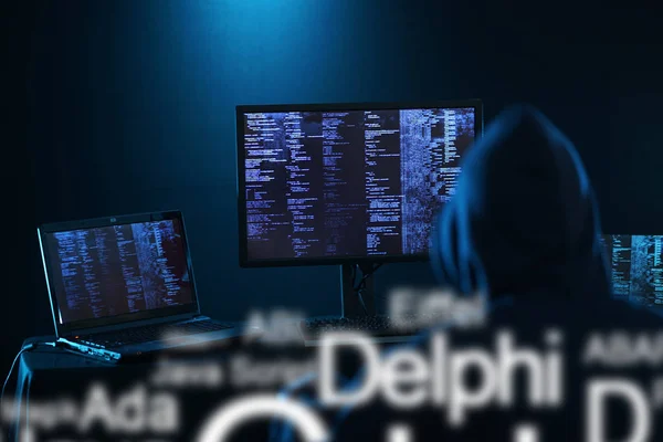 Internet Suç Kavramı Hacker Bir Kod Karanlık Dijital Arka Plan — Stok fotoğraf