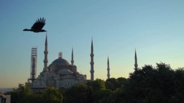 Sultan Ahmed camisinin hava görüntüsü yavaş çekimde, İstanbul, Türkiye. Sultan Ahmet 'in (Osmanlı İmparatorluğu) İstanbul' daki en büyük camii Mavi Cami olarak da bilinir..