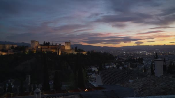 Het Panorama Van Alhambra Paleis Granada Andalusië Spanje Met Zonsondergang — Stockvideo