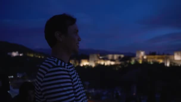 Asian Young Man Enjoying View Panorama Alhambra Palace Granada Andalucia — Stock Video