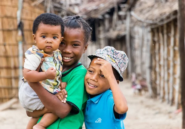 Andavadoaka Madagascar January 13Th 2019 Three Local Malagasy Boys Outdoors — Stock Photo, Image