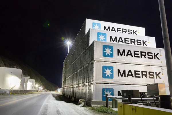 stock image Pile of shipping containers outdoors at night in Unalaska, Alaska.