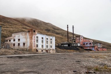 Abandoned power station building at the Russian arctic settlemen Pyramiden.
