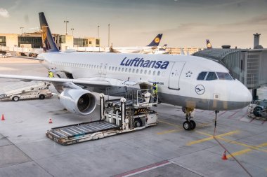 Bir kamyon çantası yükleyici bir Havaalanı işçisi tarafından işletilen.