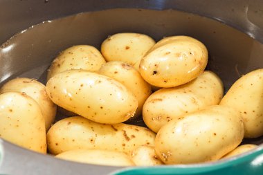 Bir tava içinde bebek patates.