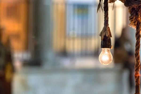 En glödlampa-lampa fluorescerande hängd på ett träd utomhus. — Stockfoto