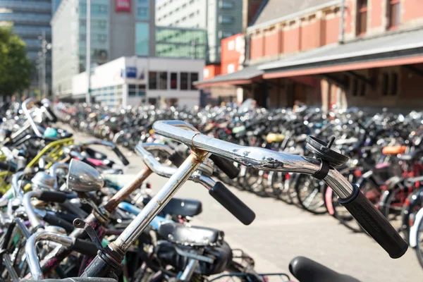 Un manillar de una bicicleta aparcada con cientos de bicicletas en Amsterd —  Fotos de Stock