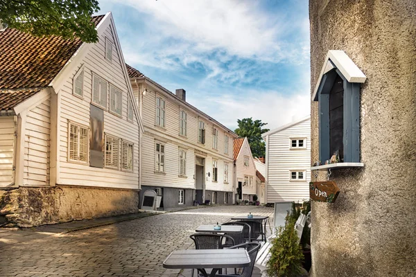Centro Ciudad Stavanger Con Sus Casas Blancas Madera Cartel Abierto — Foto de Stock