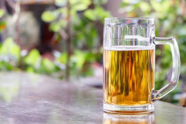 El birbira kavanozu tutan, açık havada.