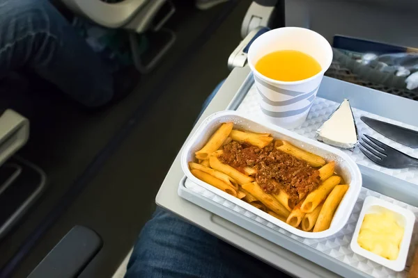 In flight meal - food flying in economy class. — Stock Photo, Image