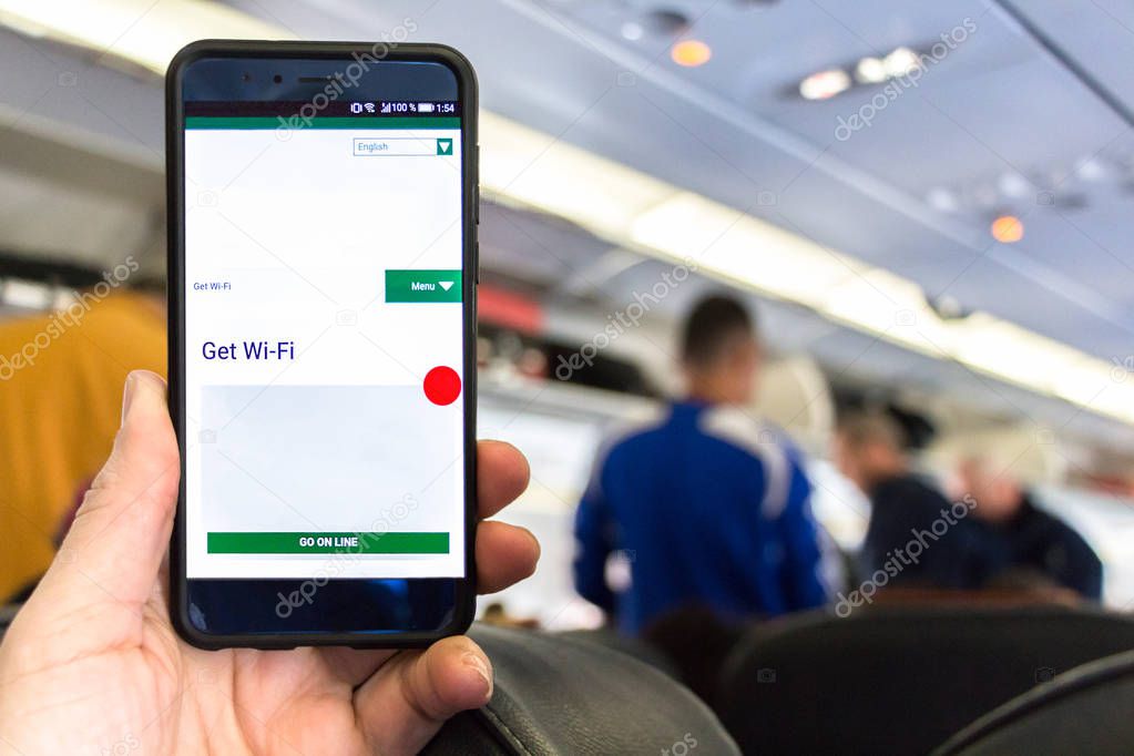 Smartphone connected to WI FI by an airline wifi application.
