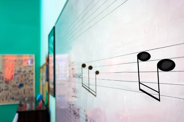 A music whiteboard with staff and semiquaver notes perspective  in a music classroom.
