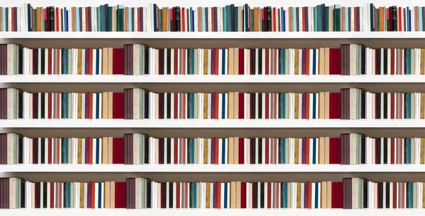 Βιβλιοθήκες σε ένα λευκό τοίχο πολύχρωμο, πανόραμα — Φωτογραφία Αρχείου