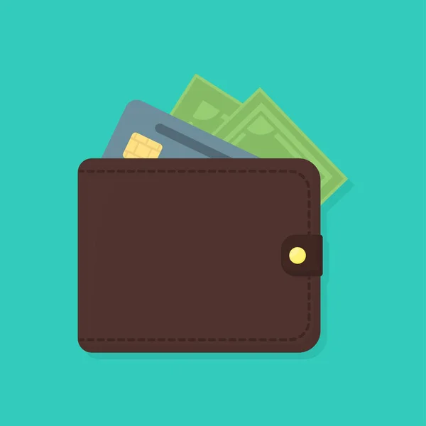 Portemonnee met geld en bankkaart, plat — Stockvector