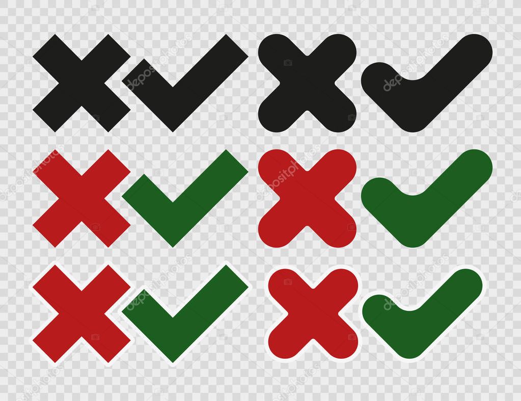 set of checkmark and cross icons, transparent background
