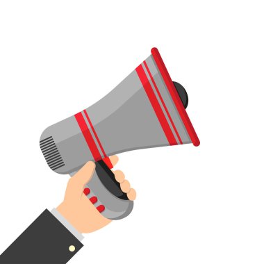 beyaz arka plan üzerinde elinde megafon, düz