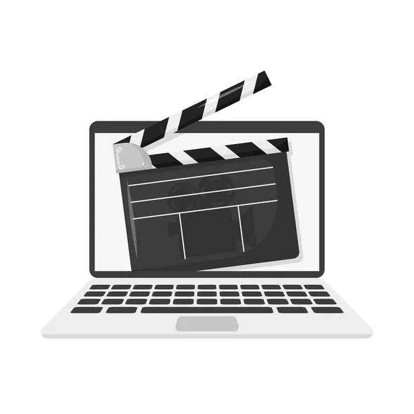 白い背景にラップトップで映画のクラッパーボード — ストックベクタ