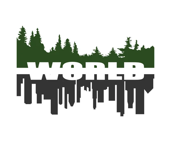 Inschrift "Welt", Silhouetten von Stadt und Wald — Stockvektor