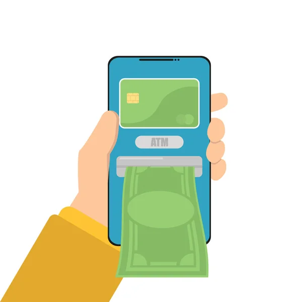 ATM in telefoon virtuele bank geld in platte — Stockvector