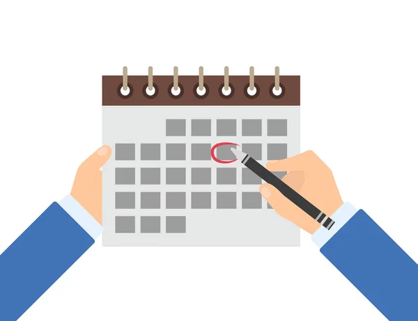 Kalendarz i długopis w ręku w płaskiej — Wektor stockowy