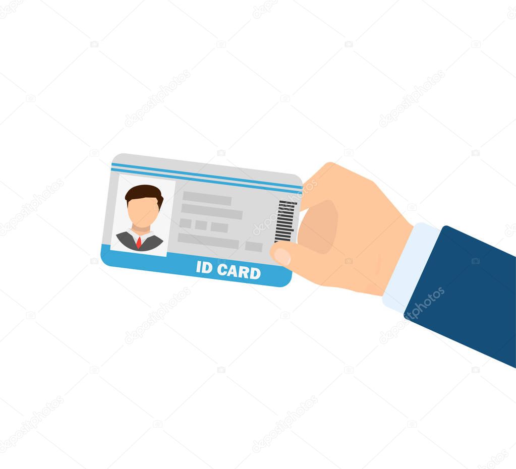 id card in man hand in flat