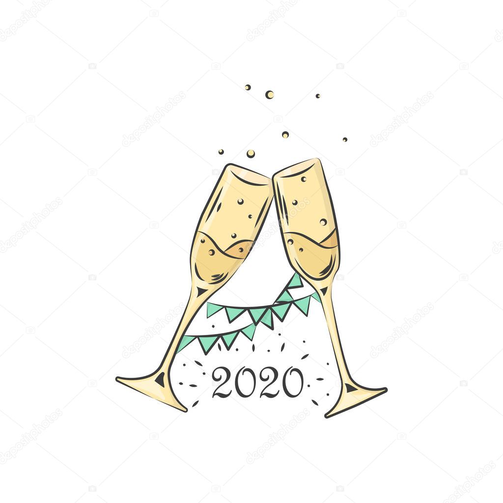 two glasses of champagne. 2020 Merry Christmas, Happy New Year