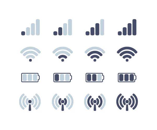 Set di icone per comunicazioni mobili, internet e batteria — Vettoriale Stock