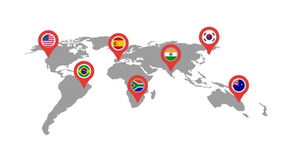 Mapa del mundo con puntero país en estilo plano — Archivo Imágenes Vectoriales