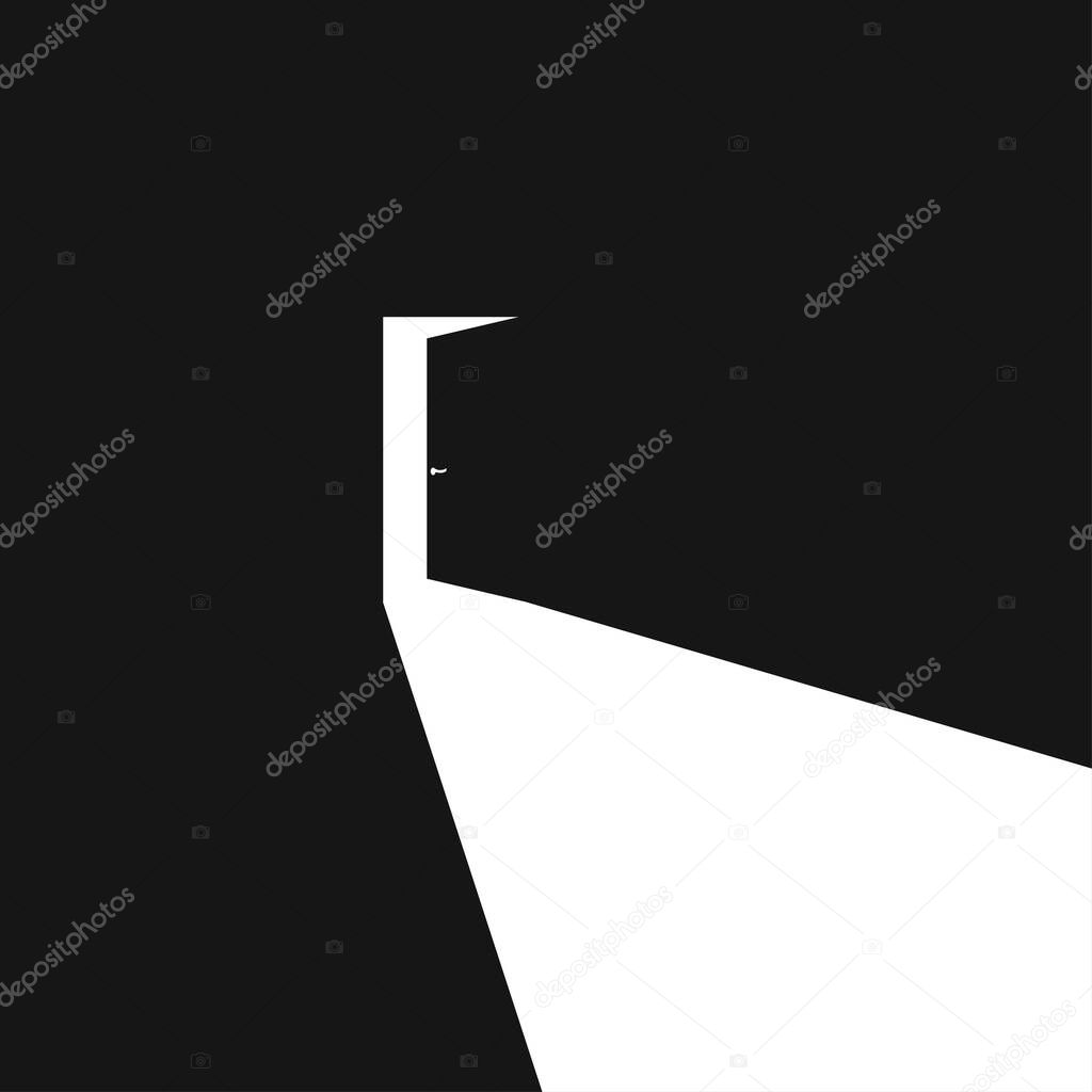 Light black door open in abstract style on dark background. Vector illustration concept in flat