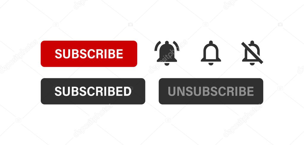 Subscribe button with bell icon for social media content, vector. Play video notification in flat style. Modern illustration