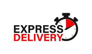 Zamanlayıcı simgesi olan ekspres dağıtım logosu. Uygulamalar ve web sitesi için kronometre hızlı teslimat. Nakliye zamanı işareti, vektör izole çizimi