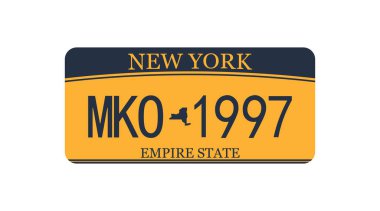 Araba plakası New York. Amerikan sarı araç ehliyeti. İzole vektör işareti sembolü.