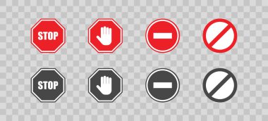 Şeffaf arkaplanda dur işareti. Kırmızı ve siyah vektör simgesini ayarla. # Hend, stop and ban in flat