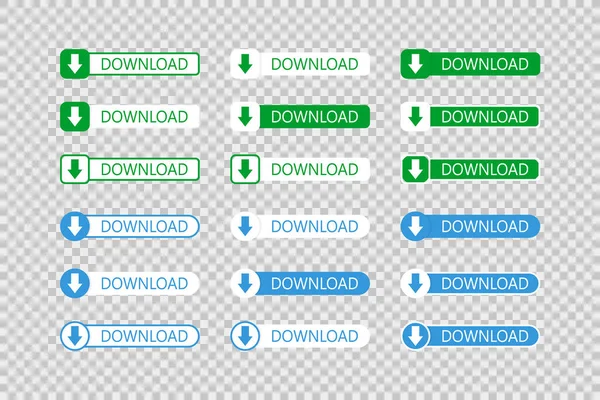 Bouton Téléchargement Sur Fond Transparent Plat Boutons Vectoriels Verts Bleus — Image vectorielle