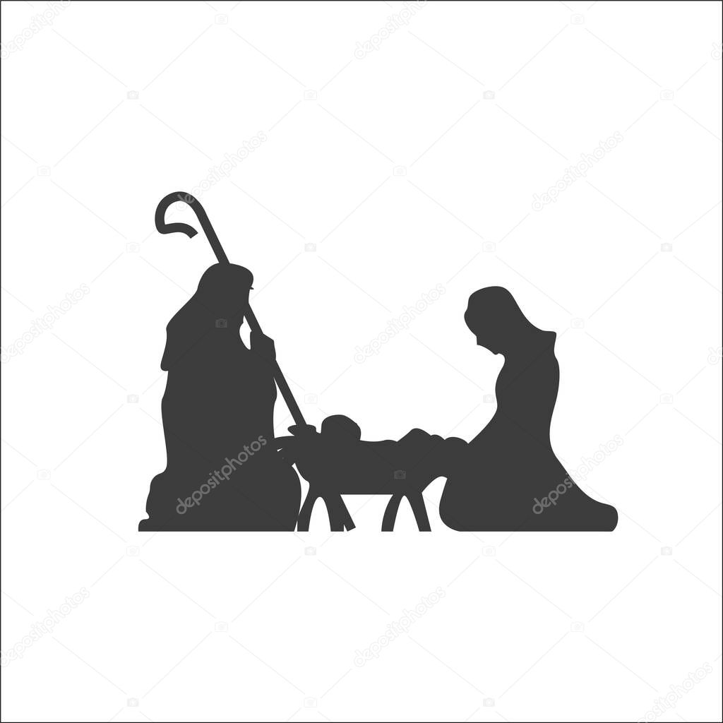 Christmas scene, Christianity birth of baby Jesus. Mary and Joseph, manger holiday silhouette. Vector illustration icon