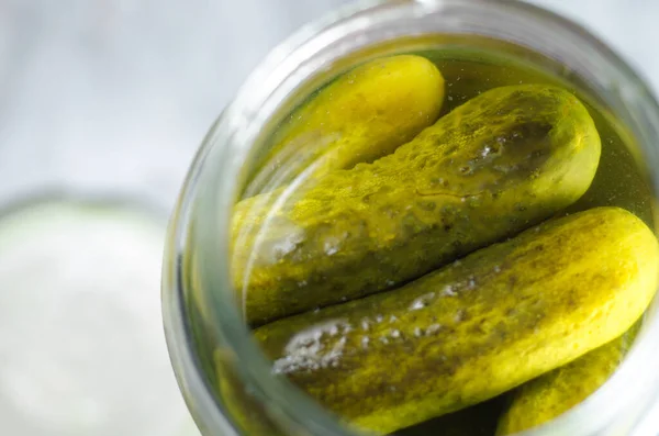 Dill Pickles Glass Jar Lid Out Focus Jar Leaving Some Stock Photo