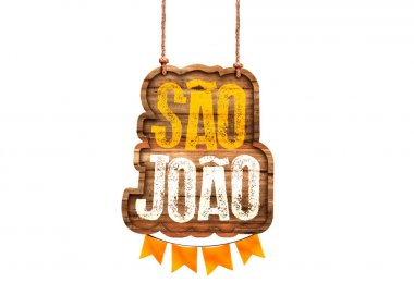 Festa Junina Illustration parti bayrakları ve arka plan ile. Promosyon damga Brezilya Haziran Festivali tasarım tebrik kartı veya tatil poster. Festa de Sao Joao. Şenlikli tipografi