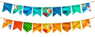 Festa Junina Illustration parti bayrakları ve arka plan ile. Promosyon damga Brezilya Haziran Festivali tasarım tebrik kartı veya tatil poster. Festa de Sao Joao. Şenlikli tipografi